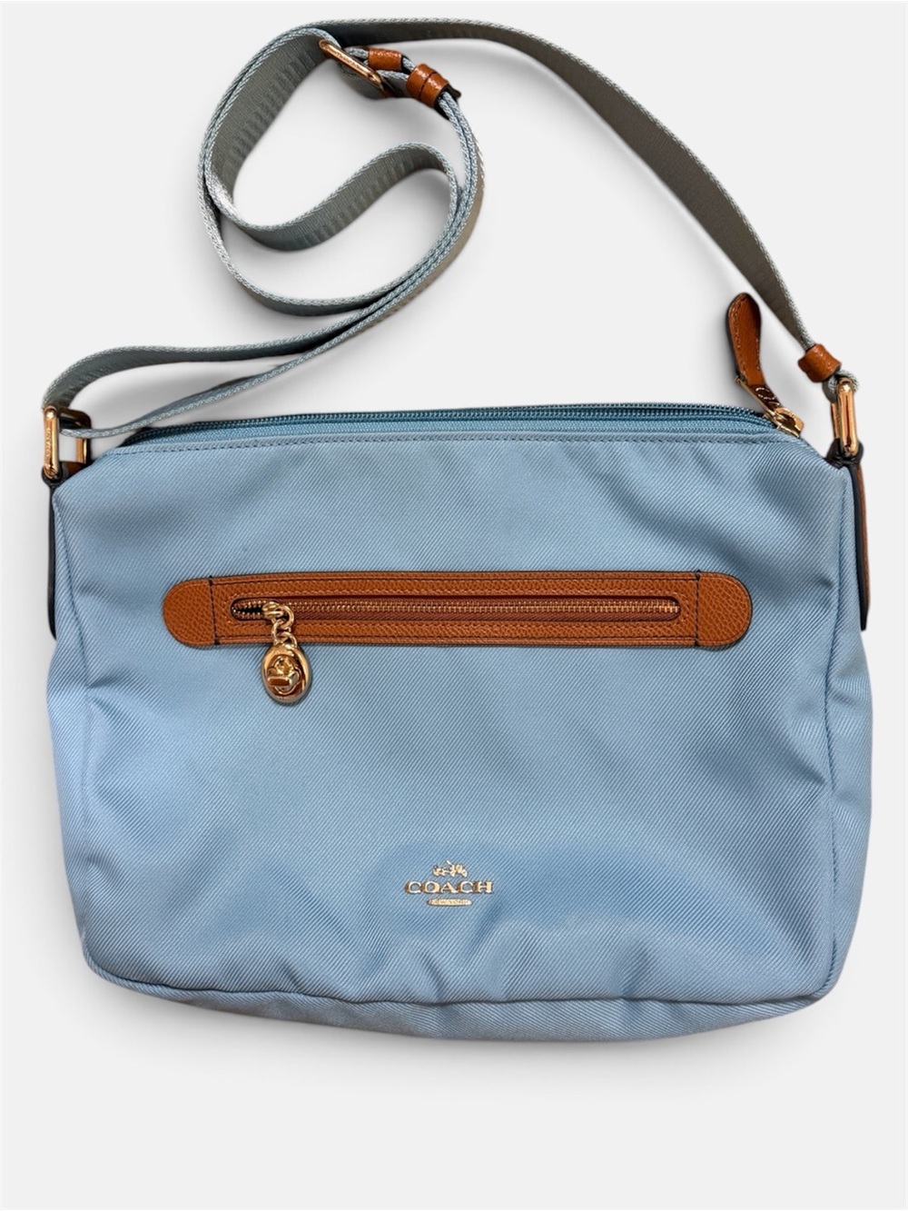 Coach Light Blue Crossbody with Brown Trim